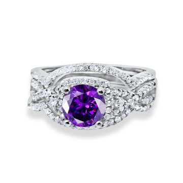 Three Piece Wedding Ring Simulated Amethyst CZ 925 Sterling Silver